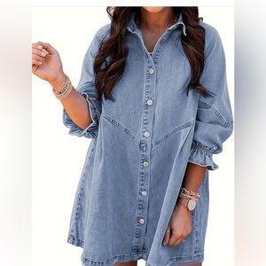 Bell Sleeves Casual Denim Dress, Single Breasted Button Lapel Denim Dress